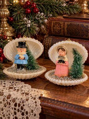Vintage Christmas Plastic Shell Ornament  Man Woman Hat Christmas Holiday Decor